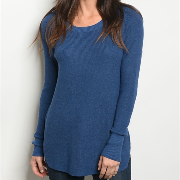 LAST 1! BLUE KNIT SCOOP NECK SWEATER TUNIC TOP! - Picture 2 of 5
